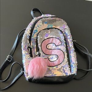 Justice Iridescent Sequin Backpack Letter S with Pompom